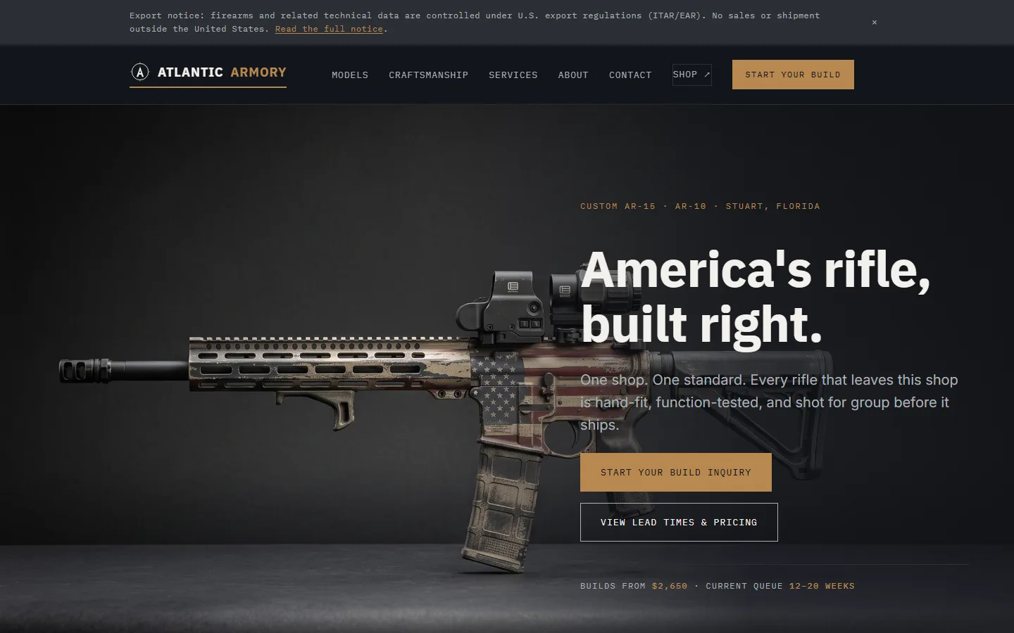 Atlantic Armory website: custom AR builder site with compliance-first structure and dark precision design